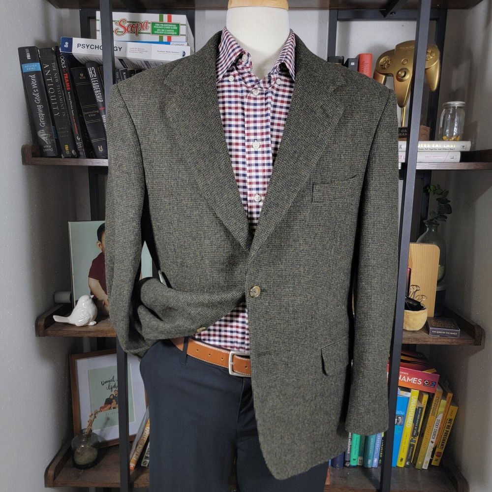 VTG Club House Men's Flannel Sport Coat Blazer Two Button‎ Green Brown Size 42R